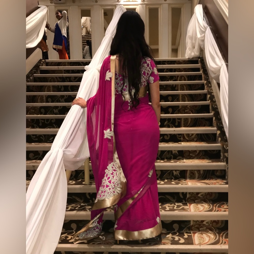 Saree Pink with Gold Silk Trim and Embroidered Designs